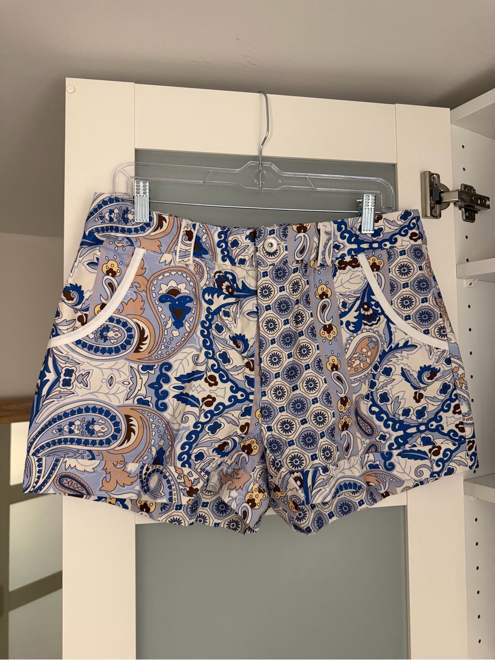 Central Park West Paisley Print Shorts in Blue and Tan